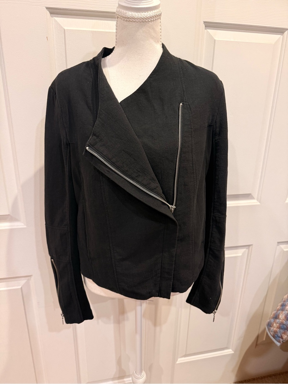BLANKNYC Black Cotton Moto Jacket Mesh Panel Asymmetrical Zip L - Picture 6 of 9